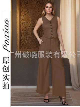 Foreign Trade European and American Vest suit Summer New V-neck Vest High Waist Wide Leg Pants