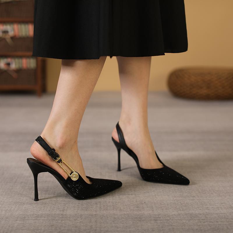 Rhinestone High Heels with Pointed Toe, Versatile Single Strap Hollow-Out Women's Shoes, Black Professional High Heels for Women, 2025 New Model