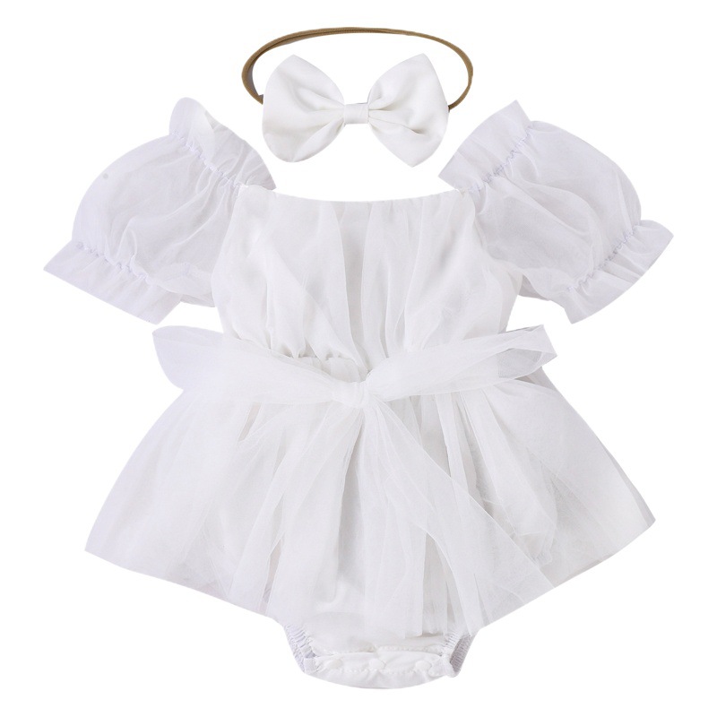 Summer 2023 new European and American style baby girl solid color puff sleeve mesh skirt romper + headscarf suit
