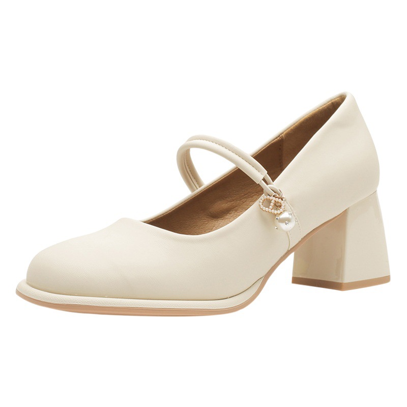 Jingang Cg6003 Mary Jane Shoes High Heels Women's 2024 New Thick Heel One-Line French Shoes with Pearl Buckle
