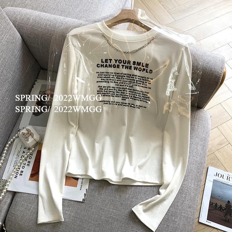 Solid color thread knitted printed letter T-shirt women's top 2024 spring new chain long sleeve base shirt tide
