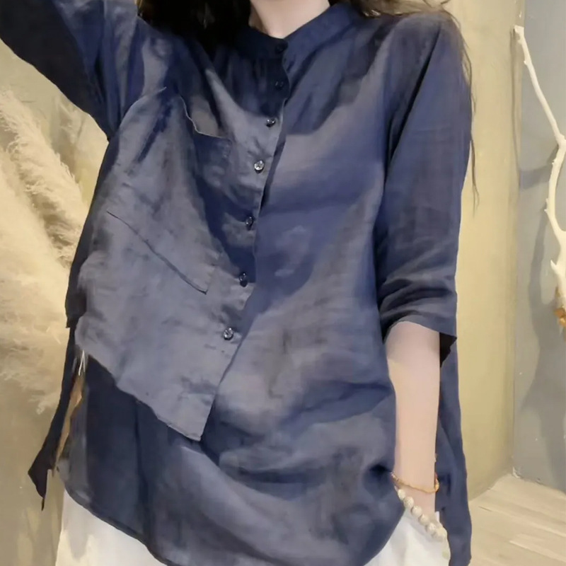 Picture of Cotton and Linen Shirt Women's 2024 Spring and Summer New Retro Design Sense Niche Seven-point Sleeve Loose Belly Covering Thin Top