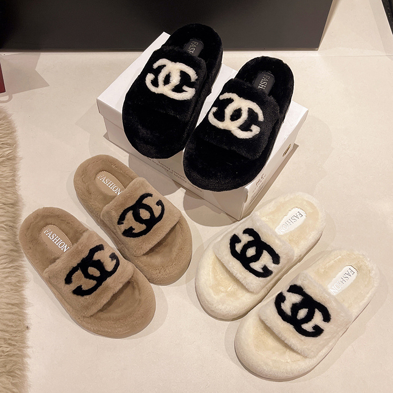 Mao Mao Slippers Women's 2024 Autumn and Winter New Thick-soled Embroidered Letter Mao Mao Shoes All-match Western Style Household Cotton Slippers