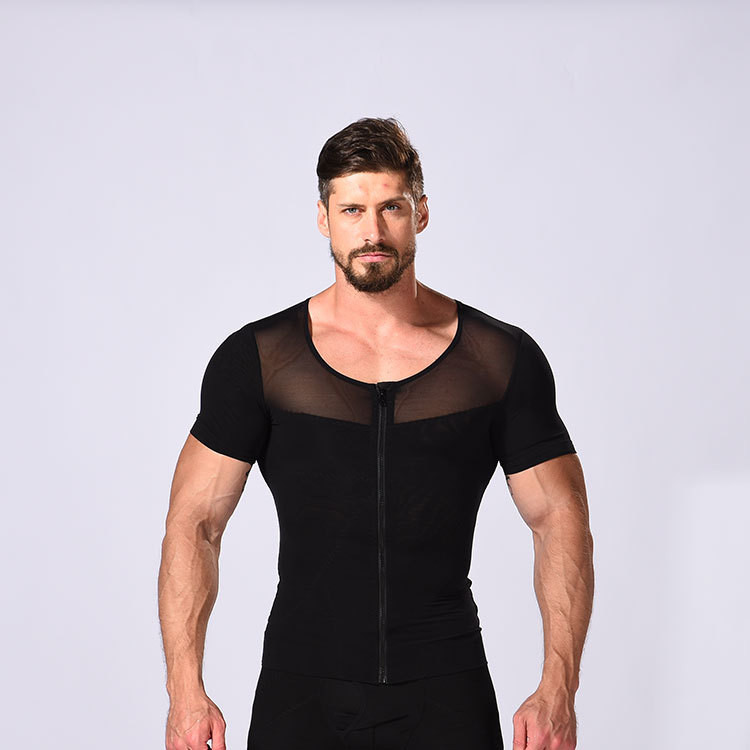 Fashionable Zipper Short-Sleeved Niche Men's Short-Sleeved Tight Vest Elastic Belly Control Men's Fitness Zipper Vest