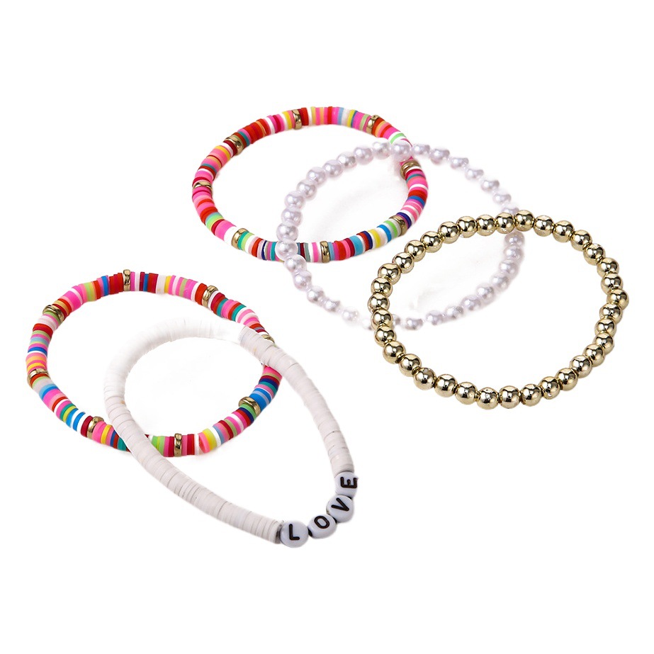 Ethnic Bohemian Bracelet Colorful Soft Pottery Retro Elegant Pearl Soft Pottery Bracelet love5 Piece Set