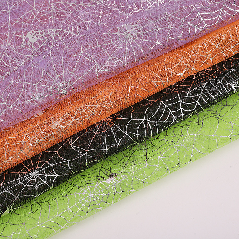 Spot polyester plain cloth hot silver spider web hot stamping mesh clothing Foreign Trade toys Halloween decorative mesh cloth hard