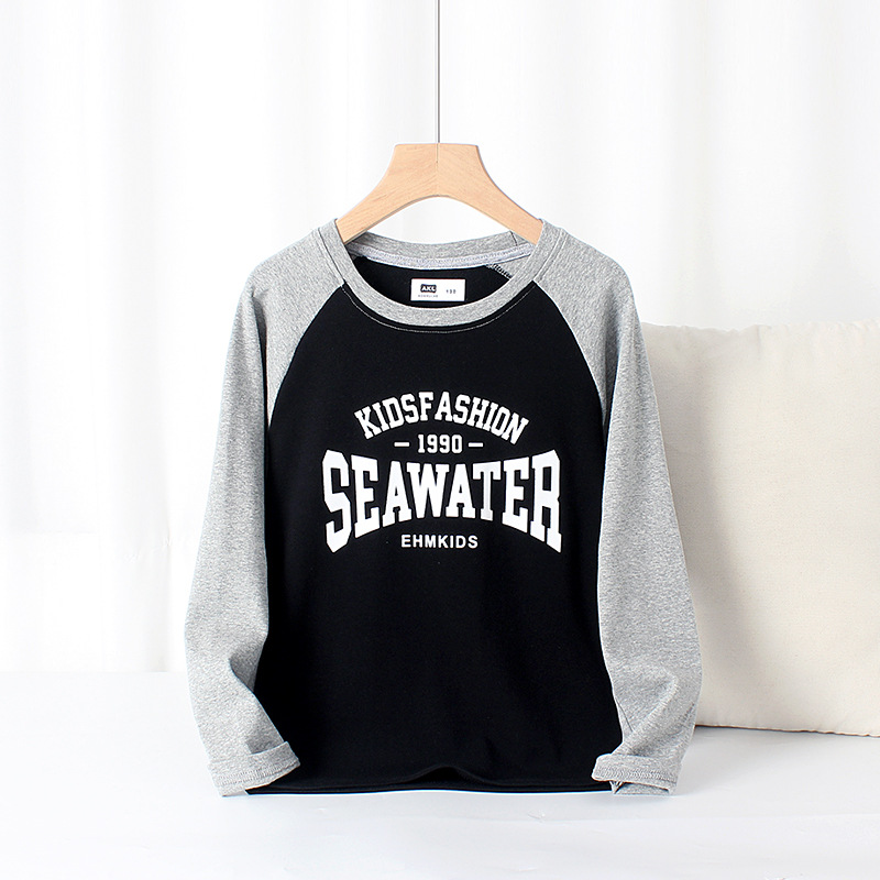 Picture of Spring and Autumn Korean Style New Children's Long-sleeved T-shirt Large Children's All-match Raglan Cotton Cashmere Top Boys' Base Shirt