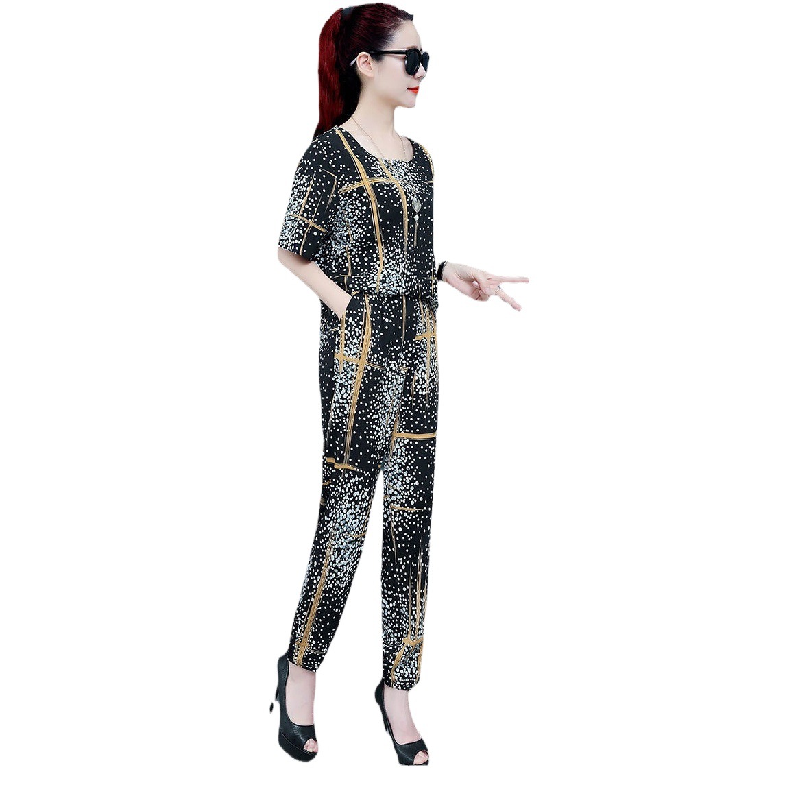 Summer New Women's Printed plus size Fashion Harlan Pants suit Middle-aged and Elderly Mother's Two-piece Fashionable 8632