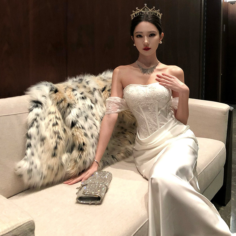 French High-grade Sexy off-shoulder Tube Top dress Women's Elegant Birthday Party Evening Dress Hip Long Dress