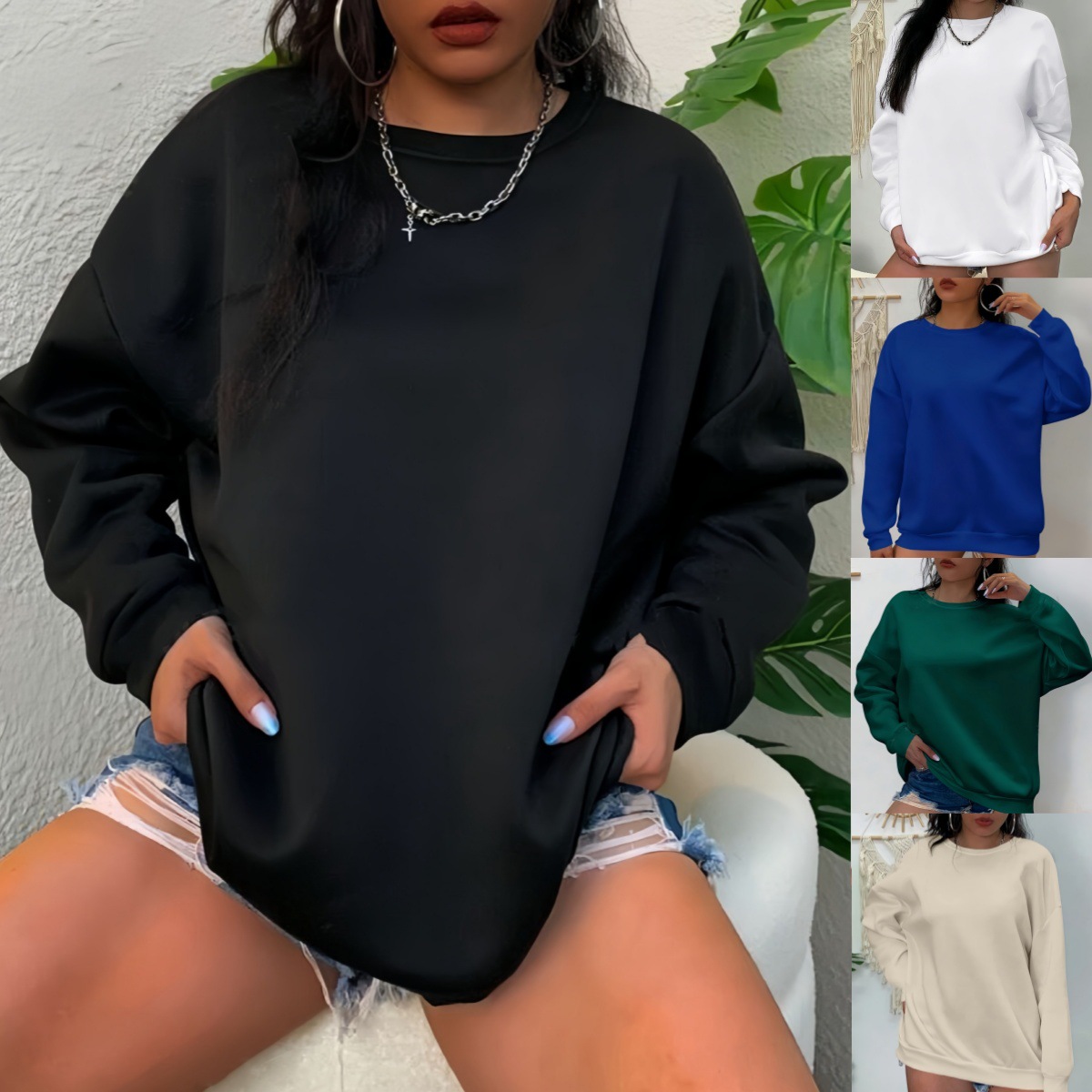 Amazon European and American Cross-Border Export Independent Station 2023 New Women's Spring & Fall Round Neck Sweatshirt Casual Flap Pocket Pants Top
