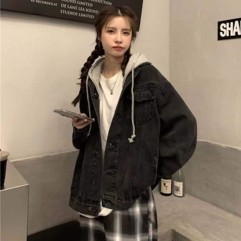 Picture of Japanese and Korean Style Super Fire Denim Short Coat Women's Short Spring and Autumn New Long Sleeve Slim-fit Hooded Jacket Student Top