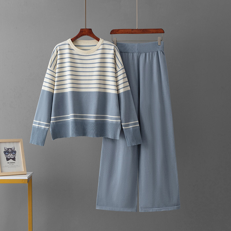 Picture of Cross-border Amazon Autumn and Winter New Foreign Trade Striped Knitted Two-piece Crewneck Sweater Loose Casual Fashion Pants