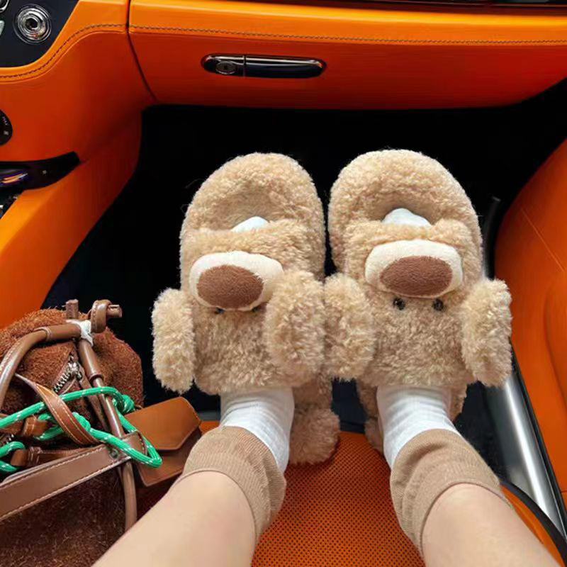 Same Style as Yu Wenwen ~ Cute Furry Slippers for Women 2025 New Autumn and Winter Outer Wear Plush Sponge Cake Thick-Soled Flip-Flops
