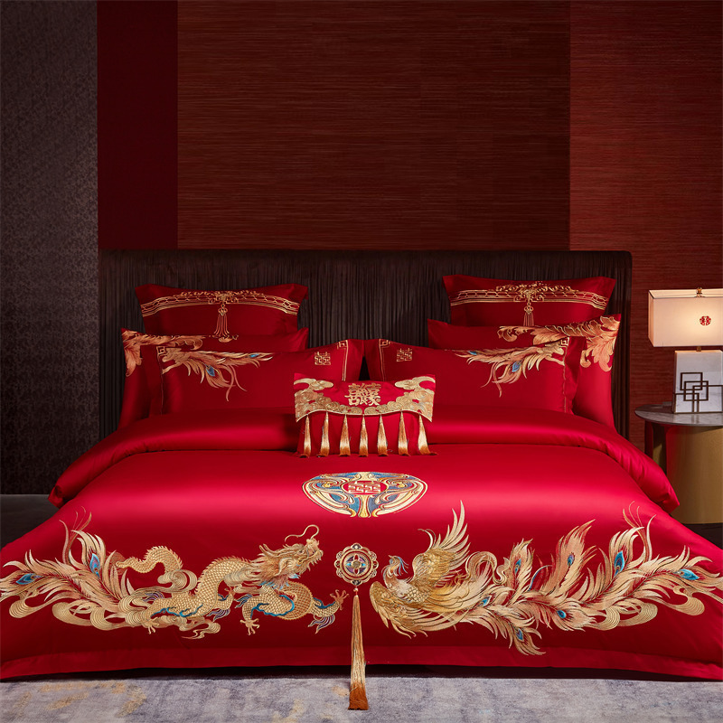 Picture of High-End 120S Pure Cotton Long-Staple Cotton Wedding Four-Piece Set New Chinese Style Dragon and Phoenix Embroidery Wedding Red Bedding
