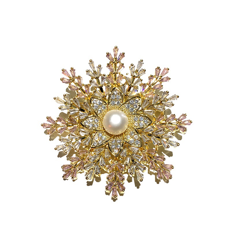 Qianyu Silver Japanese and Korean classic copper zircon gold-plated Snowflake Brooch pendant sweater chain dual-use live broadcast jewelry supply