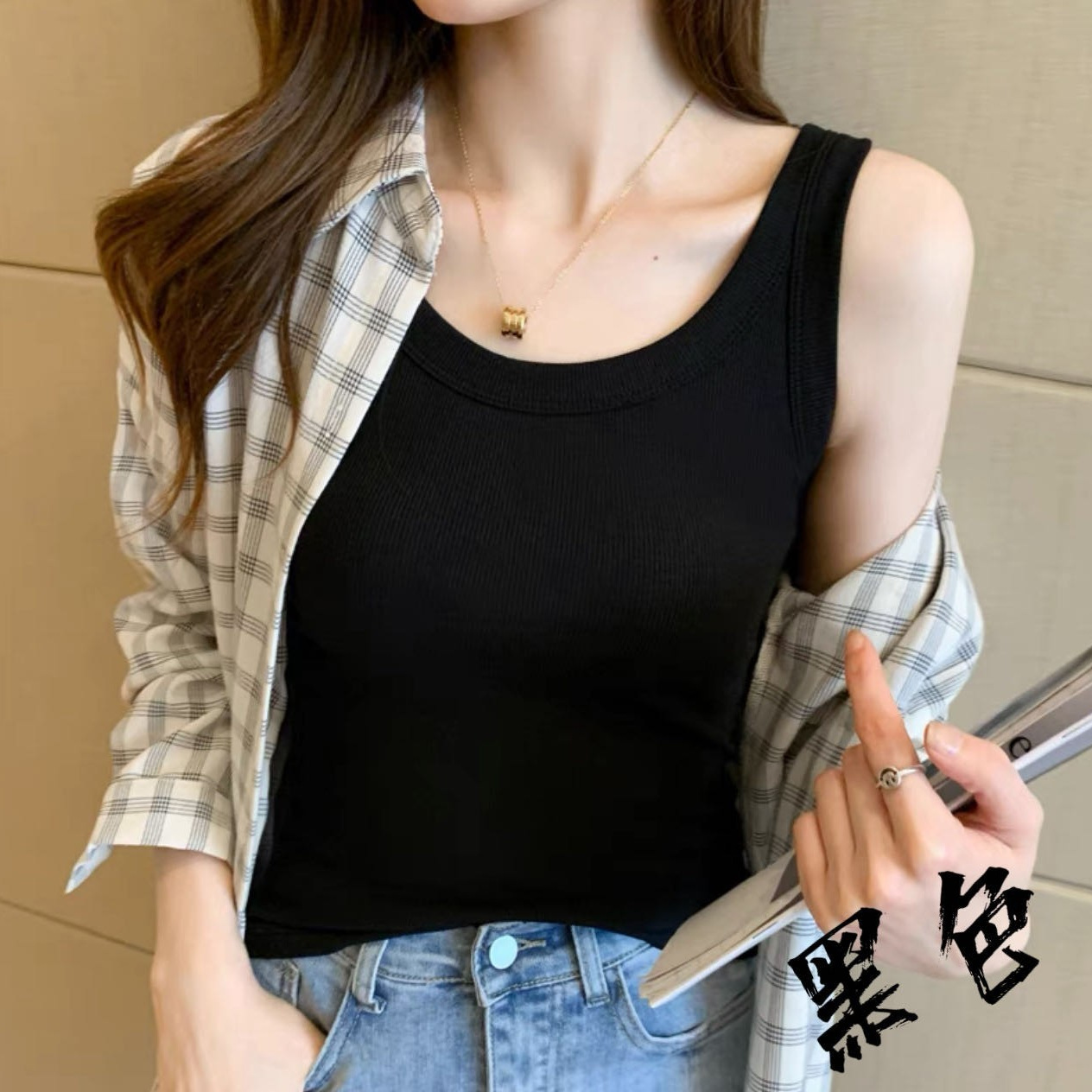 Ice Silk Thread Cotton Anti-Glow Sleeveless Thin Inner Base Camisole Women's u-Neck High Elastic Summer and Spring Outer Wear Fashionable