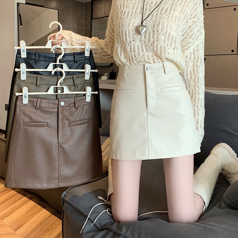 brown Leather Skirt Women's Spring and Autumn New All-match High Waist Slim-fit Puleather Skirt Small A- line Hip Skirt