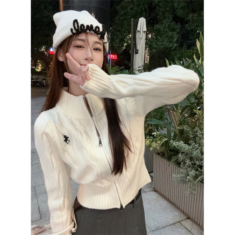 Real shot real price sweater women's autumn and winter coat twisted pattern embroidery design solid color stand collar wool knitted cardigan coat