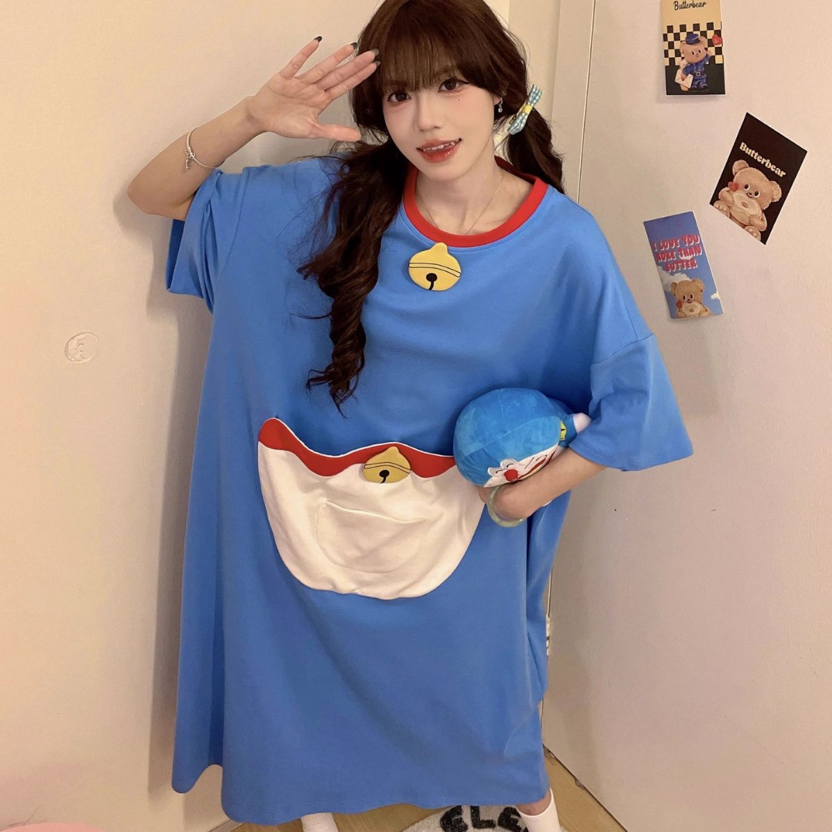 Nightgown Women's Summer Pure Cotton Short-sleeved Thin Cute Cartoon Dingdang Cat Pajamas plus size Student's Home Clothes for Outer Wear