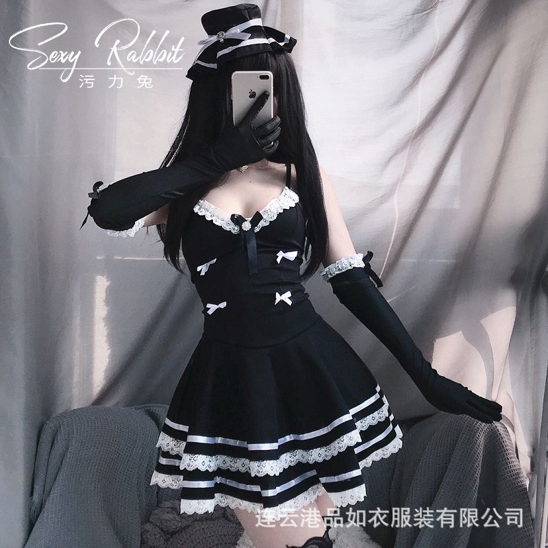 Dirty Rabbit Sexy Lingerie Uniform Temptation Lolita Maid Suit Maid Suit Sexy Black Sling Dress