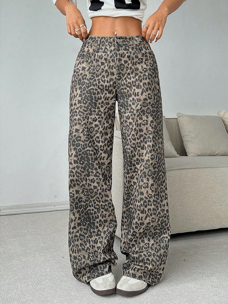2024 Cross-border Foreign Trade New Washed Leopard Print Casual Pants Women's High Street Straight Loose Slimming Wide-leg Pants
