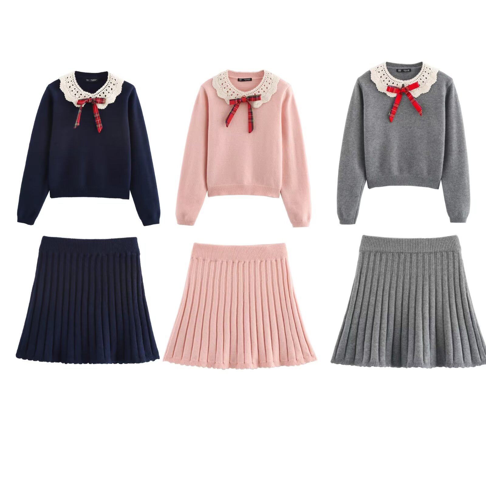 ZA cross-border women's clothing wholesale new academic style knitted suit doll collar pullover sweater pleated skirt