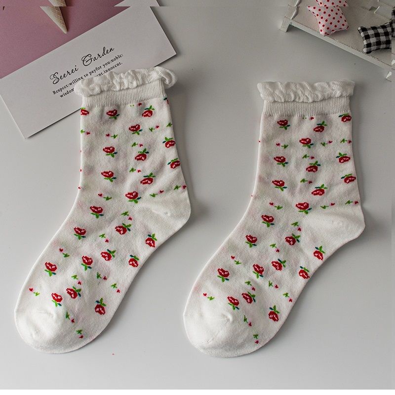 Picture of White Bubble Socks for Women, Mid-Calf Lolita Lace Long Socks, Student Socks, Strawberry Casual Versatile Socks