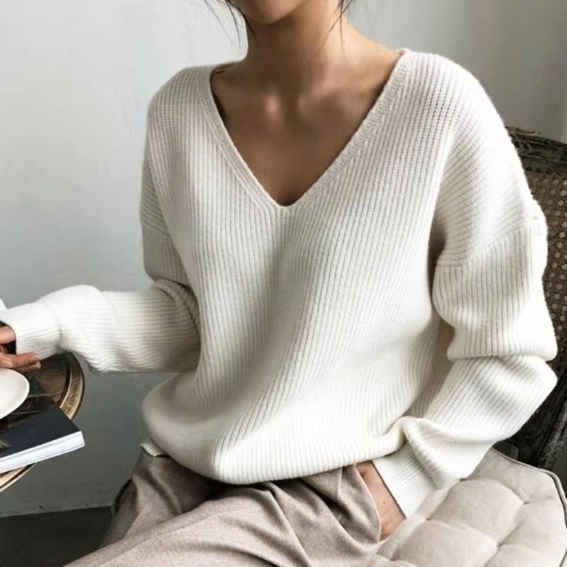 2023 autumn and winter Korean style V-neck loose lazy style simple irregular hem pullover sweater bottoming sweater for women
