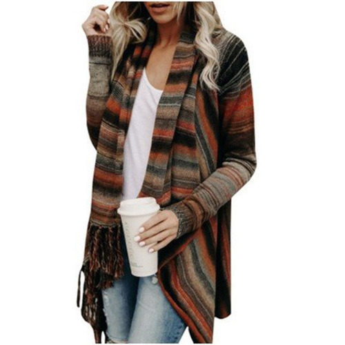 2018 European and American Foreign trade hot AliExpress Amazon mid-length slim fashion tassel striped coat