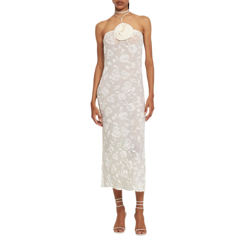European and American cross-border fashion women's dress slim-fit transparent sexy printed dress three-dimensional flower halter suspender dress