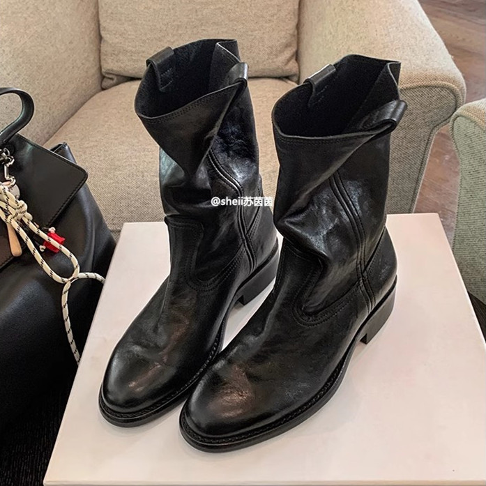 Grape Mom's Style Burke Highway ~ Genuine Leather V-Cut Western Boots Chunky Heel Short Boots Women's Desert Boots 2025 Autumn/Winter
