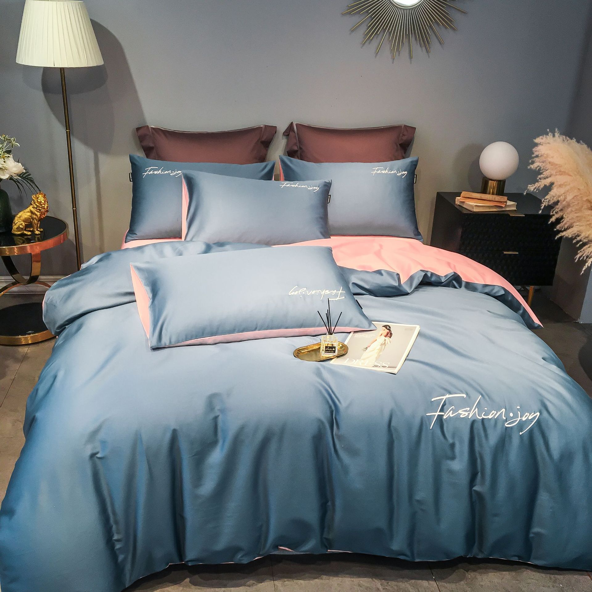 Factory wholesale simple solid color 60 satin long staple cotton embroidery four-piece set contrast color cotton Nordic bedding generation