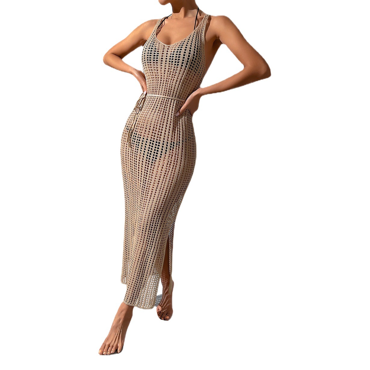 Cross-border Foreign Trade European and American-style Vacation Beach Spice Girl Blouse Skirt Hollow Perspective Backless Knitted Dress Women's 3312
