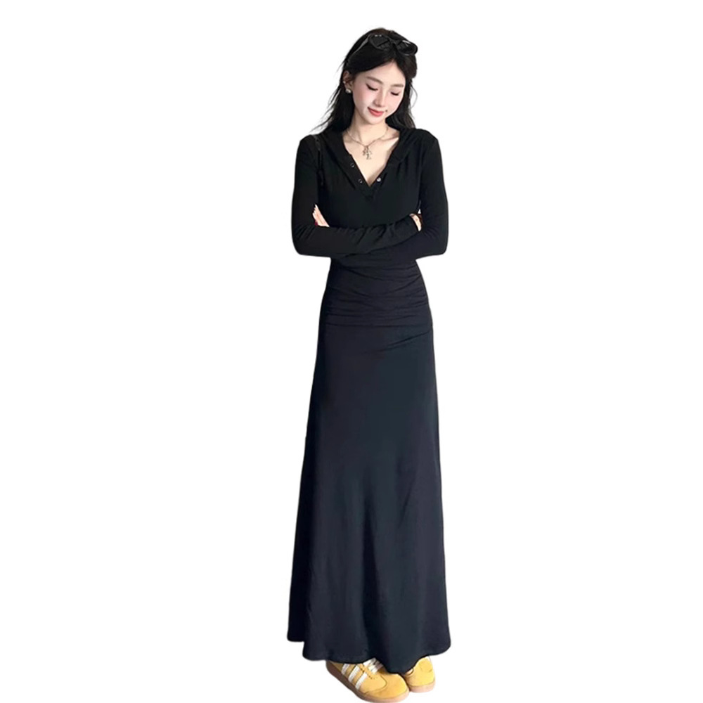 Picture of Spring and Autumn Black Hepburn Style Long-sleeved dress Women's Korean Cross-border New French Style Elegant Hip V-neck Dress