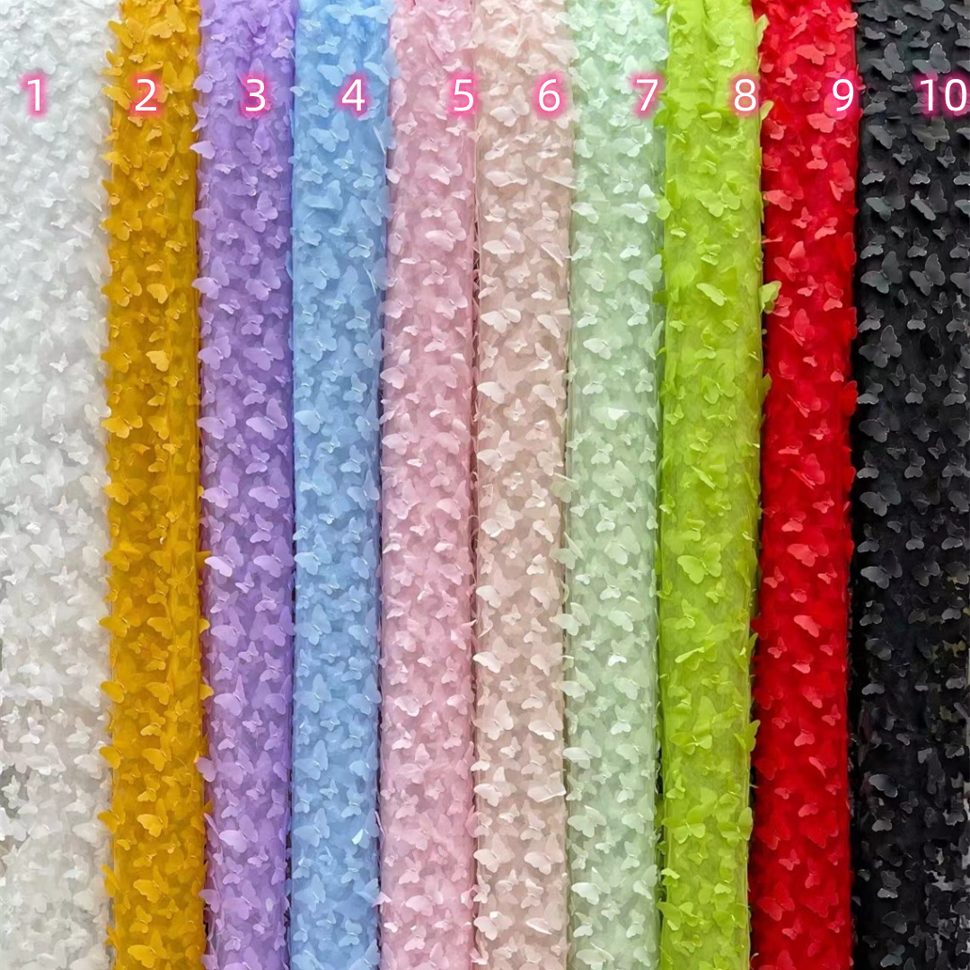 New multi-color mesh green butterfly three-dimensional embroidery fabric spring and summer girls dress internet popular embroidery cloth
