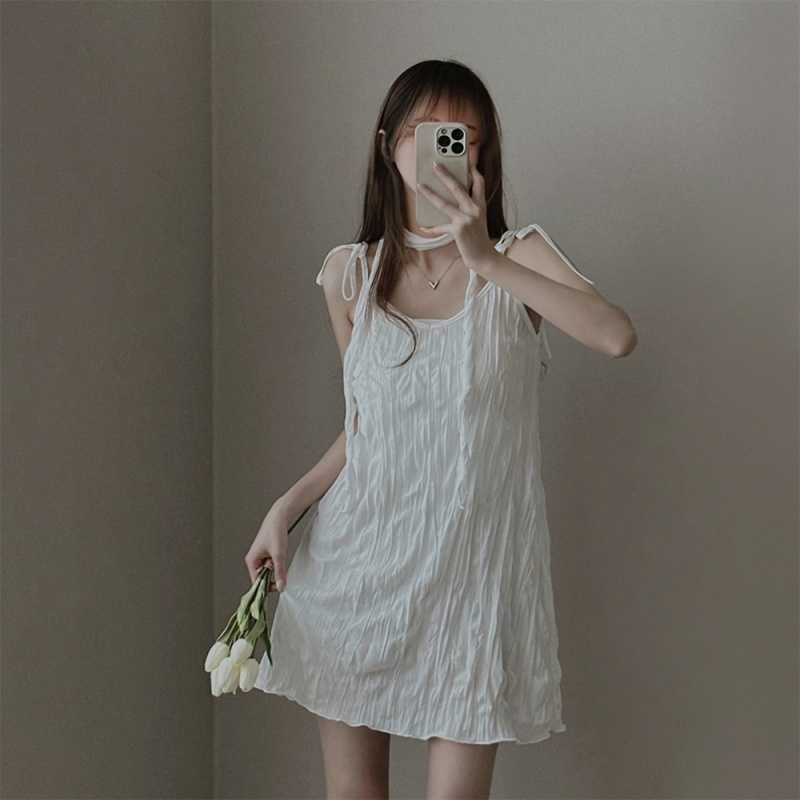 In-Stock Korean Simple Elegant Ruched Adjustable Strap Casual Slimming Camisole Dress