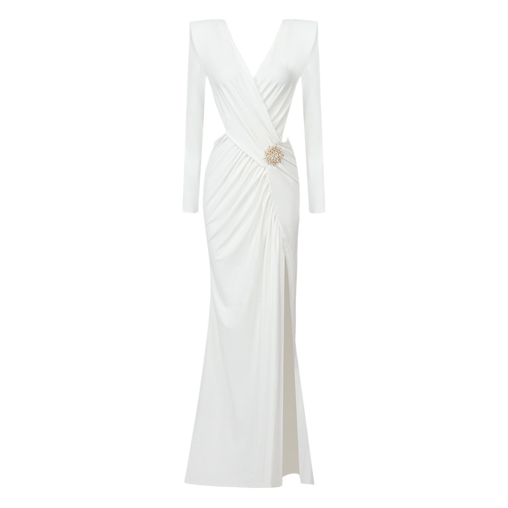 Amazon White Long-Sleeved Smocked Cut Out V Neck Cross Dress Cross-Border European and American Stretch Women's Spring Long Dress