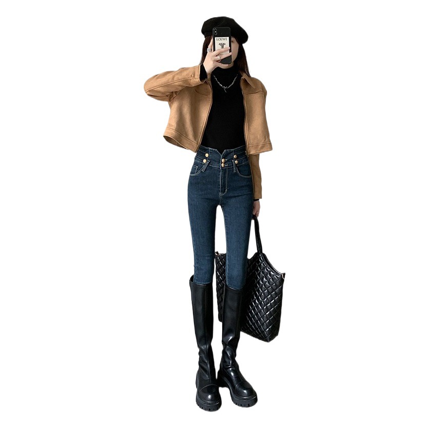 Fleece-lined Skinny Jeans Women's Spring and Autumn 2023 New High Waist Slimming Slim-fit Stretch Tight Cropped Pencil Pants