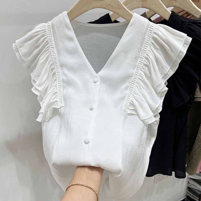 Picture of Chiffon Lace Shirt for Women Petite Flying Sleeves French Ruffle Collar Collarbone High-End Sleeveless Top for Women