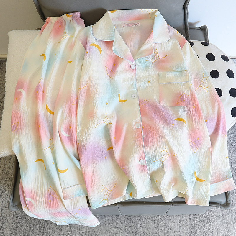 Picture of Online Celebrity Live Dopamine Color Striped Long Sleeve Pajamas Women's Loose Bubble Wrinkle Cute Cross-border suit Foreign Trade