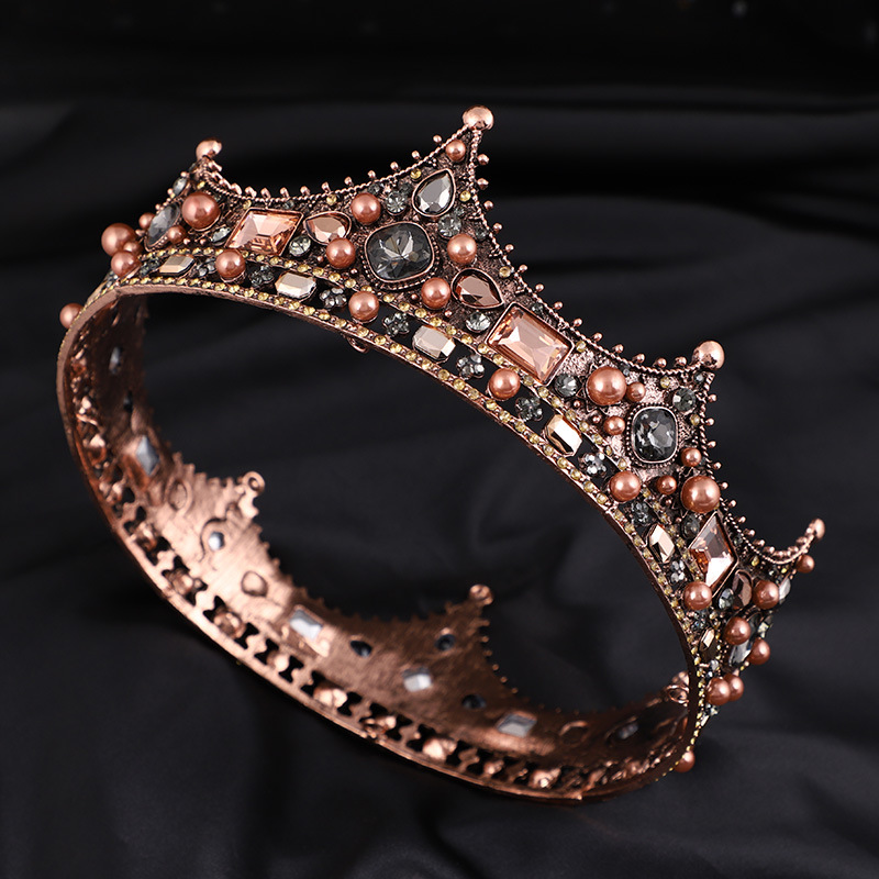 European Court Vintage Baroque Queen Crown Pearl Alloy Round Bridal Headwear Wedding Accessories Crown