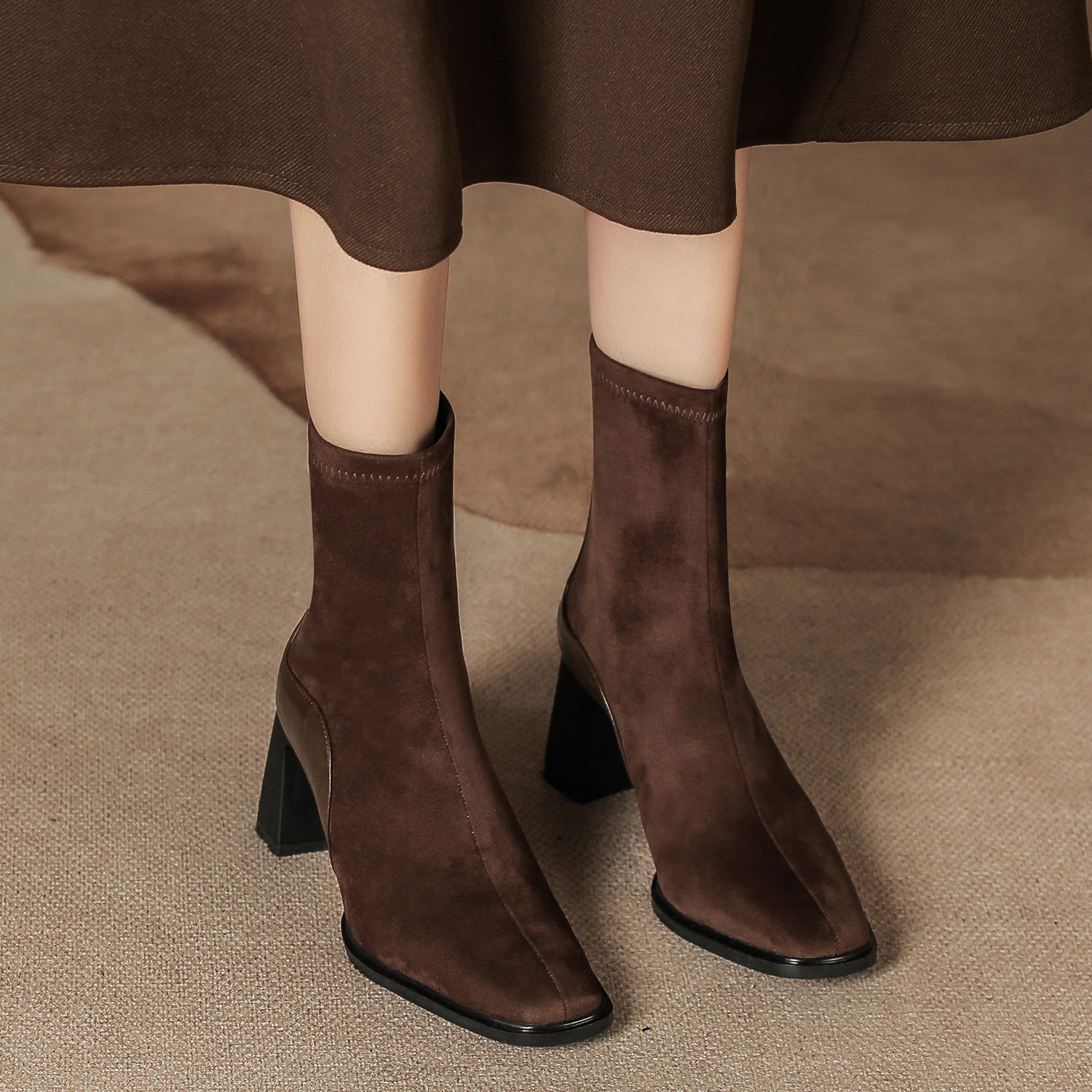 French Suede Short Boots Women's New Autumn and Winter Zipper Thick Heel Martin Boots Square Head Slimming Chelsea Single Boots Stitching