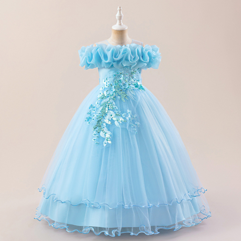 European and American Girl's Dress New Children's Beaded Flower Shoulder Wedding Dress Princess Dress Little Girl's Stage Party Dress