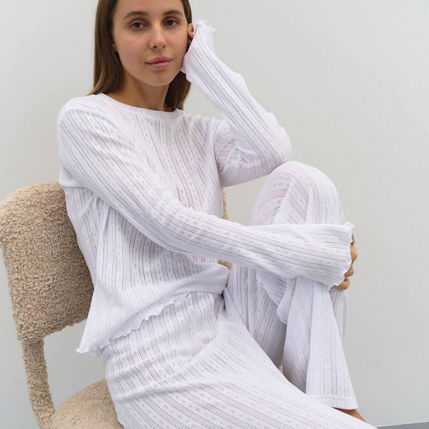Spring sexy ruffled knitted loose comfortable soft long-sleeved trousers home wear suit cross-border wholesale women