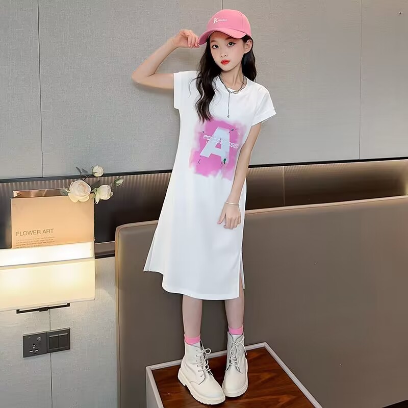 Picture of Girls' Summer Dress New Style Summer Middle and Big Children's Fashionable Korean T-Shirt Dress Long Large Children's Vest Skirt