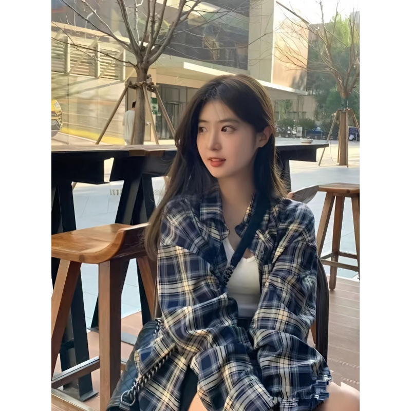 Fashion Wear Plaid Shirt Women's Lazy Style Retro Loose Shirt Cardigan Sun-proof Long-sleeved Top Spring and Summer Women's Clothing