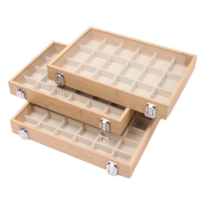 Picture of Fashion walnut grain white leather jewelry box with lid dustproof earrings earrings earrings storage box ring necklace bracelet tray