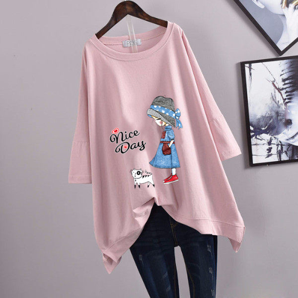 Picture of 100kg Plus Size Women's Summer Leaf Print Casual Slit Mid-Length Short Sleeve T-Shirt Loose Oversized Style