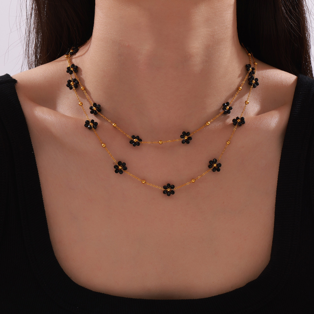 Picture of British style retro niche personality simple versatile jewelry natural stone beaded flower shape titanium steel jewelry suit