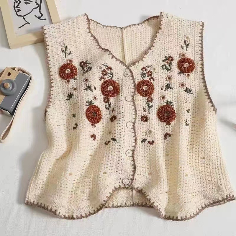 Autumn and Winter Short Sleeveless Small Flower Embroidered Single Row Multi-Buckle Vest Women's Outer Wear Fashionable Hollow Crochet Top Cardigan